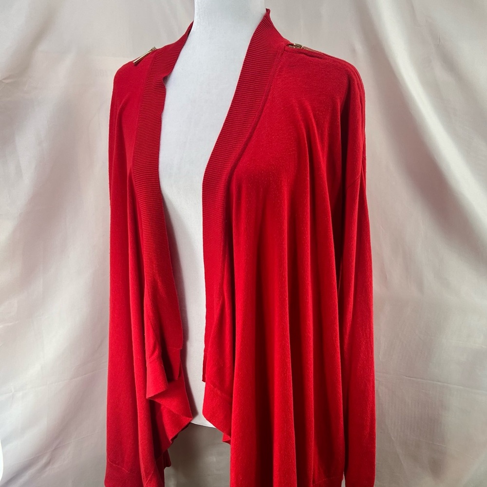 MICHAEL Michael Kors Rich Red Open Knit Cardigan w Zipper Shoulders Full Wrap L - Picture 8 of 15